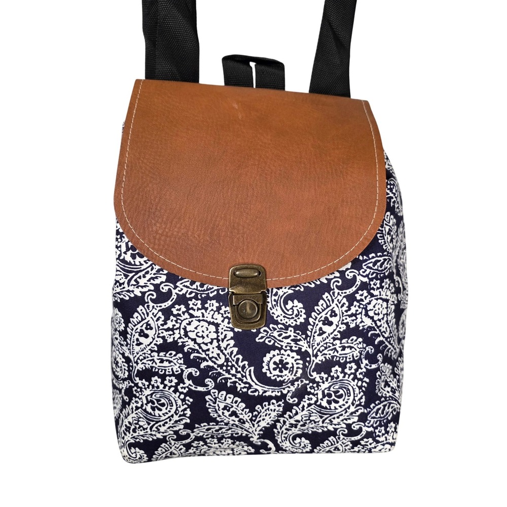 Unbranded Mini Backpack Women Small Navy White Paisley Fair Faux‎ Leather Trim